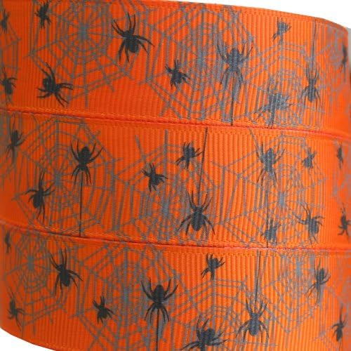 Halloween Spider Web Grosgrain Ribbon, Orange 7/8 Inch x 5 Yards