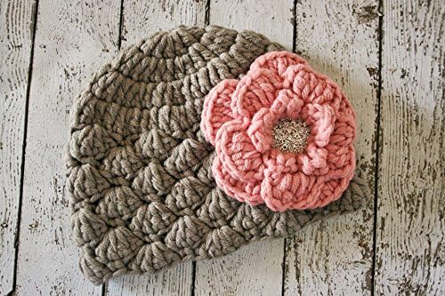 Handmade Newborn Baby Infant Crochet Flower Hat Newborn Beanie Hat Newborn Arrival Gift Baby Shower Gift Photography Prop Baby Girl Hospital Hat (Small-newborn, Gray & Pink)