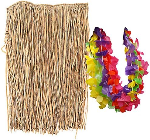 ADULT LARGE/X-LARGE SIZE HULA SKIRT (Up to 42") AND FIVE (5) COLORED PLASTIC FLOWERED LEI'S, 1 Skirt/Luau/Party/Summer/Host/30" Long Skirt/Beach Party