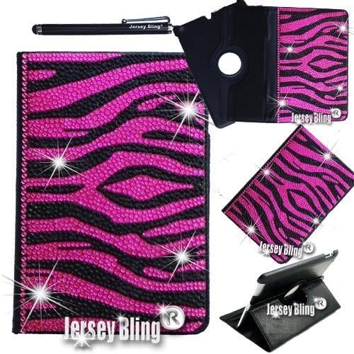 Jersey Bling® Kindle Fire 7" HDX PINK, Leopard, 3D Gems, Crystal Rhinestone Rotating Faux Leather Case with Built In Stand &amp; FREE Stylus (Pink/Black Zebra)
