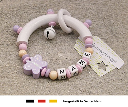 Baby Greifling Beißring halbrund mit Namen | individuelles Holz Lernspielzeug als Geschenk zur Geburt & Taufe | Mädchen motiv Glitzer Schmetterling in flieder
