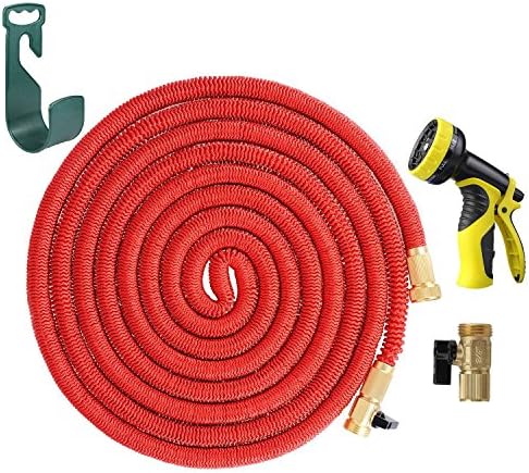 HELEN 75FT Expanding Heavy Duty Expandable Strongest Garden Water Hose Triple Latex Core with Shut Off Valve Solid Brass Connector and 9-Patter Spray Nozzle, 2016 Improved Version(Red)