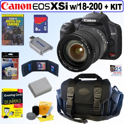 Canon Digital Rebel XSi 12MP Digital SLR Camera (Black) with Sigma 18-200mm f/3.5-6.3 DC Zoom Lens + 8GB Deluxe Accessory Kit