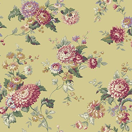 Albert Van Luit Wallpaper Large Traditional Red Floral Vine on Yellow Green with Metallic Silver