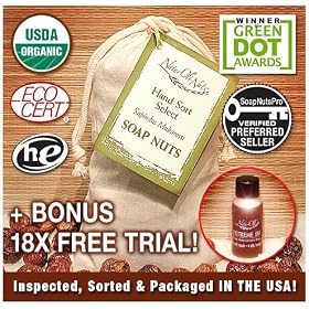 NaturOli Soap Nuts / Soap Berries. 1 lb. (160+ loads) USDA CERTIFIED ORGANIC! "Select" seedless. Rated "best" eco-friendly, natural laundry detergent. Green Dot Award Winner. 100% chemical free. + Extreme 18X trial - A $5.95 FREE BONUS!