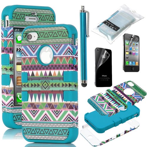 Pandamimi ULAK 3-Piece Hybrid High Impact Case Tribal Blue Silicone for iphone 4 4S +Screen Protector+Stylus