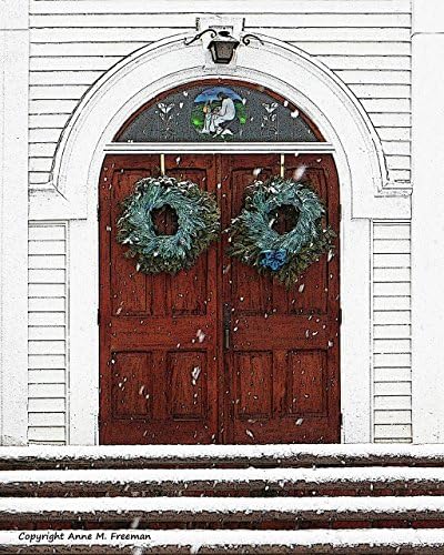 Christmas Church Doors No 3. A fine art photograph of church doors decorated with teal and green wreaths in a snow storm. A subtle Christmas print.