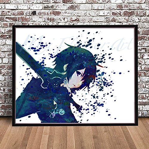 KIRITO SWORD ART ONLINE Watercolor Styled PRINT by MeiFlowerArt (Medium 13" x 19") silhouette painting, poster, Illustration, watercolour, drawing, wall decor art work blue green rainbow