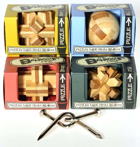 Mini Bamboozlers Wood Take-Apart Puzzles _ Bundle of 4 Unique Puzzles_Plus Bonus Bent Nails Puzzle