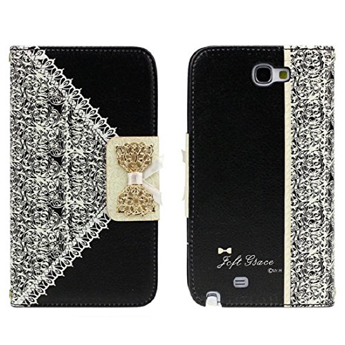 Galaxy Note 2 Case,Landfox Black Fresh Cute Flip Wallet Leather Case (Samsung Galaxy Note 2 N7100)