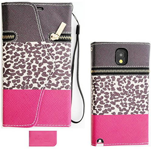 Samsung Galaxy Note 3 N9000 Premium Faux Leather Brown Pink Color Block Leopard Wallet Case