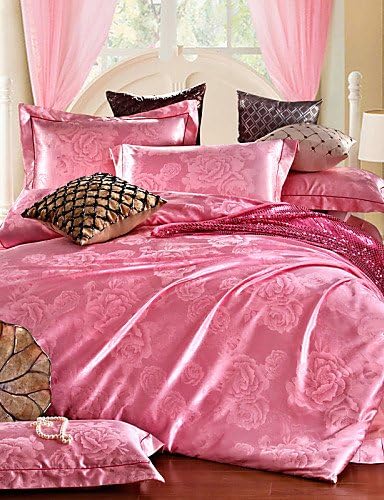 SYX Silk Satin Jacquard Bedding Sets 4pcs Girls Queen Size Bed Sheet Sets Boys Comforter Set Wholesale , queen-pink , queen-pink