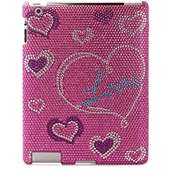 LOVE Pink Rhinestone Protector Case with Hearts for Apple iPad 2