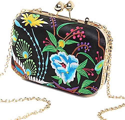 MET070 Small Vintage embroidered Hard Case Boxy Clutch Handbag Classic Evening Party Purse Holiday Birthday Gift (wildflowers)