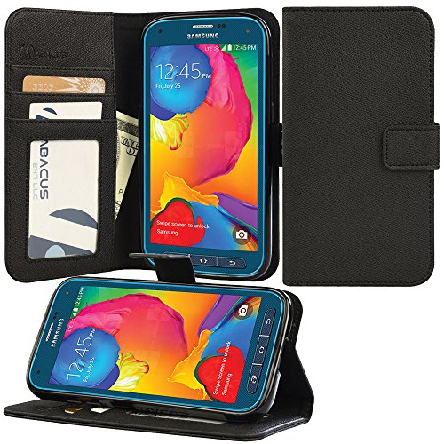 Galaxy S5 Sport Case, Abacus24-7 Galaxy S5 Sport Wallet Case [Book Fold] Leather Samsung Galaxy S5 Sport Flip Cover with Foldable Stand, Pocket for ID, Credit Card Slots - Black Flip Case for Samsung S5 Sport