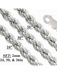 2mm ("COMBO SET" of Three) - .925 Italian Sterling Silver 24", 30", & 36" inches Diamond-cut Rope Chain Necklace with Lobster Clasp - NICKEL FREE