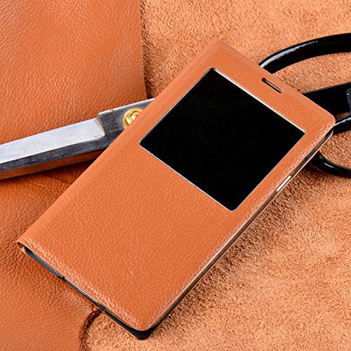 SkyiScraper Brand Genuine Leather Cell Phone Case for Samsung Galaxy S5 (Brown) Flip Folio Protective Skin Cover w/ S View Window Comes in Retail Packaging and Is a Great Gift for Men and Women