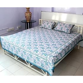Beautiful Indian Traditional Hand Block Floral Print King Size Bed Spread/Bed Sheet With Pillow Covers (Size:86