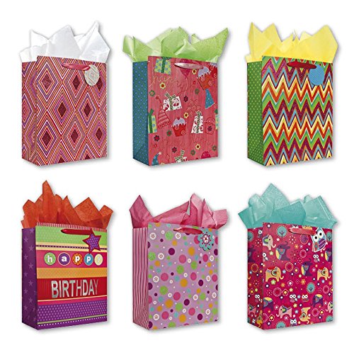 Birthday Party Gift Bags Set of 6 Large Birthday Gift Bags W/ Flowers, Elephants, Cup Cakes, Presents, Owls, Tags, and Tissue Paper for Women, Girls, and Baby Girl