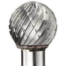 PFERD Ball Carbide Bur, Long-Length, Uncoated (Bright) Finish, Double Cut, Radius End