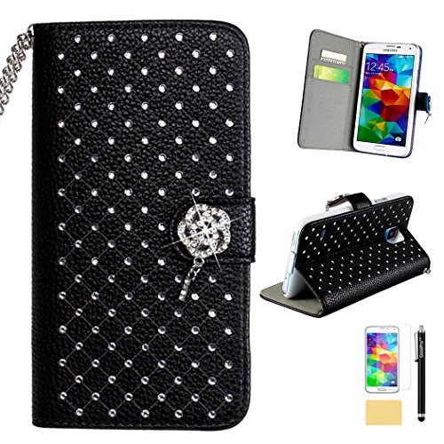 GoodPro PU leather and Crystal Studded Rose Wallet Flip Case Card Holder with Screen Protector and Stylus for Samsung Galaxy S5 - Black