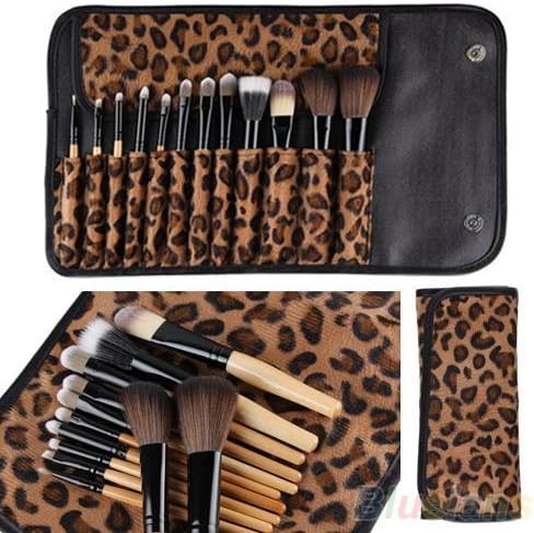 12 PCS Pro Makeup Brush Set Cosmetic Tool Leopard Bag Beauty Brushes