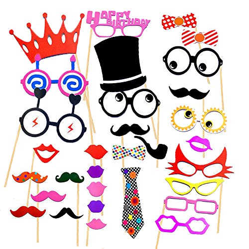 Cxy Photo Booth Props Diy Kit For Birthday Party (Larger Size), Various Colors of Mustache, Glasses Frames, Ties, Lips, Crown, Pipe, Eyes, Hat and Happy Birthday Sign(Pack of 31)