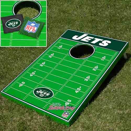 New York Jets bean bag tailgate toss game, NFL football field cornhole game includes 2 Tailgate Toss boards and 8 bean bags, Boards are made of composite wood and the bags are filled with crushed river rocks,  The O...