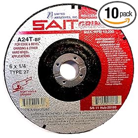 SAIT 20180 Type 27 6-Inch x 1/4-Inch x 5/8-11 11200 Max RPM Grade A24T Edge Depressed Center Grinding Wheels, 10-Pack