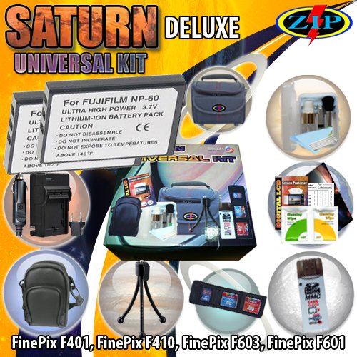 The Saturn Universal Kit Deluxe for FINE PIXF401, FINEPIX F410, FINEPIX F603, FINEPIX F601 includes: Deluxe Camera Case, Small leatherette camera case, Mini Tripod, 2 NP-60 1150mAh batteries, mini AC/DC Charger, Digital Matrex USB 2.0 Card Reader/ Writer, LCD Screen Protector Kit, 5-in-1 Pocket Cleaning Kit, Memory MCW-1 3-Fold Card Wallet.