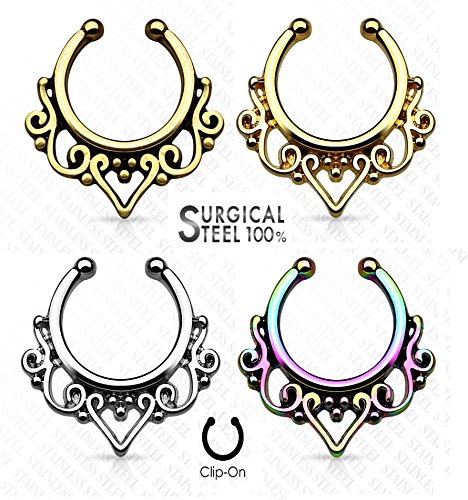 100% Surgical Steel Fake Septum Hanger Tribal Fan Ring - Choose Steel, Gold Tone, Antique Brass, or Rainbow