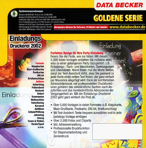 Cover image : Goldene Serie. Einladungs- Druckerei 2002. CD- ROM fuer Windows 98/98SE/ ME. 5000 originelle Vorlagen von der Einladung bis zur Danksagung