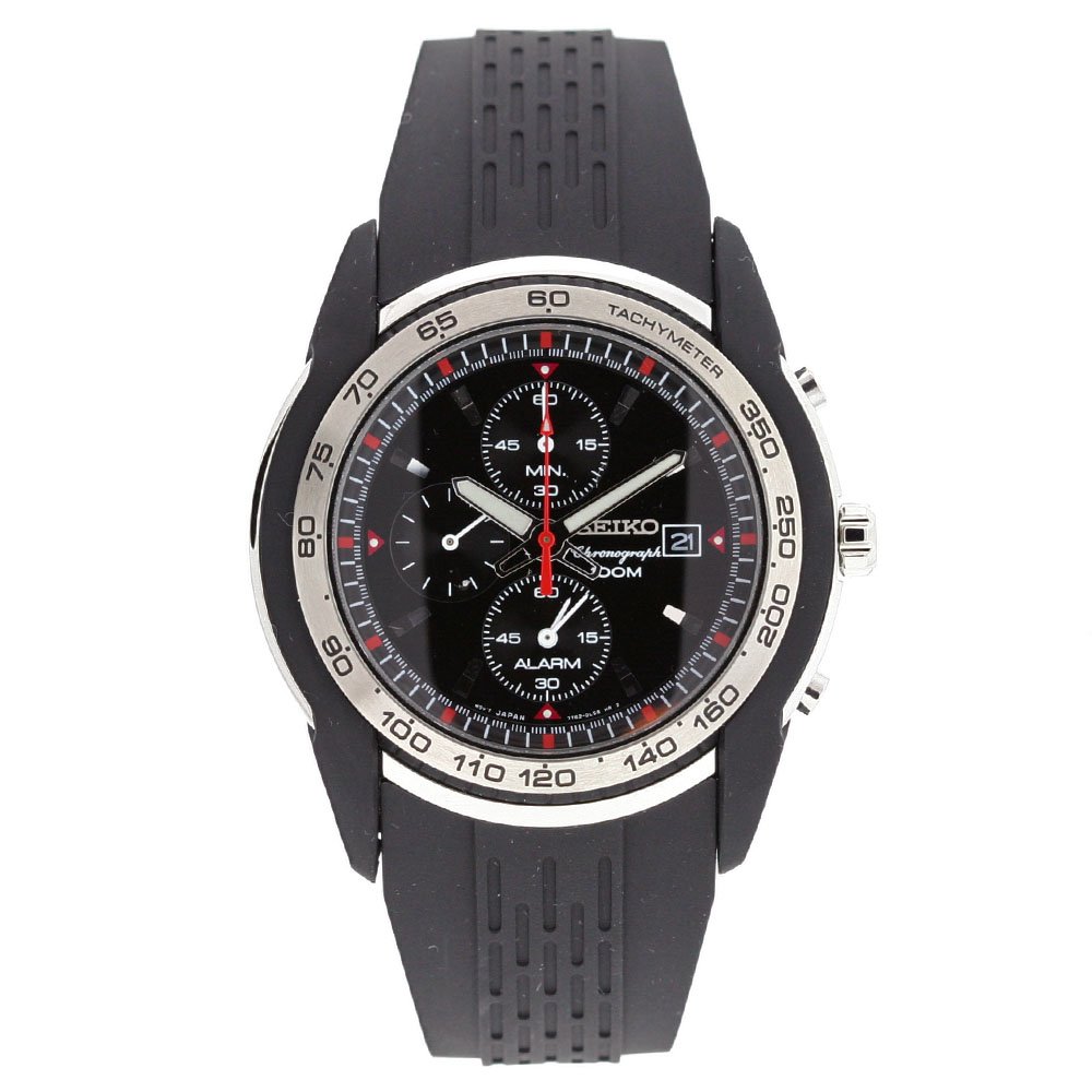 Seiko Men’s SNAC01 Black Dial Chronograph Rubber Strap Alarm Watch