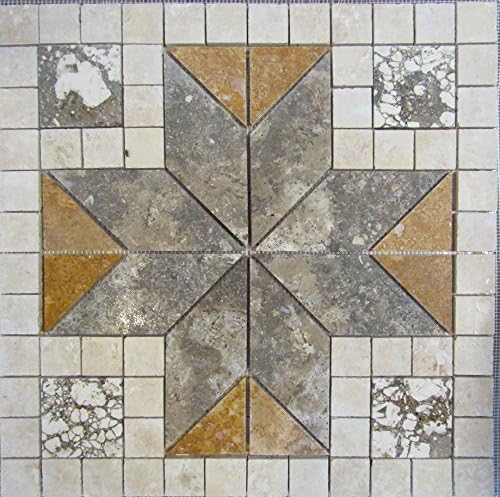 24" Tumbled Travertine and Volcano Stone Mosaic Medallion Floor or Wall Tile Art