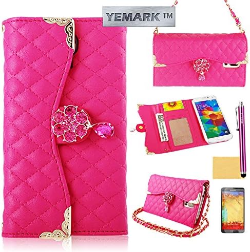 Galaxy Note 3 Case,Note 3 Handbag Case,YEMARK(TM) Quality PU Leather [Luxury Crystal Pendant Buckle Diagonal Metal Corner Design] Handbag Purse Wallet Case Flip Cover Fit For Samsung Galaxy Note 3[Built-in Credit Card/ID Card Slots],[+Stylus+Screen Protector+Cleaning Cloth]-(Rose Red), Samsung Galaxy Note 3 Case