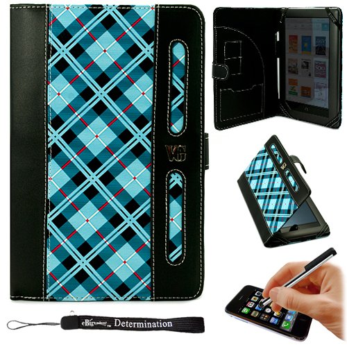 eBigValue: Blue Professional Portfolio Cover Carrying Case , Plaid Pattern with Synthetic Leather Design Feature with Memory Card , Notepad and Pen Slots For Barnes & Noble NOOK COLOR eBook Reader Tablet + Includes a eBigValue (TM) Determination Hand 