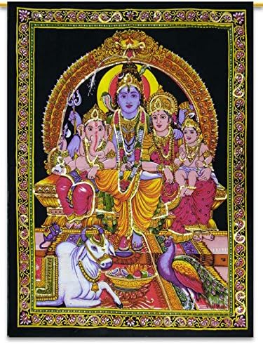 Indian Wall Hanging Black Cotton Lord Shiva Family Tapestry Poster Size Tapestries