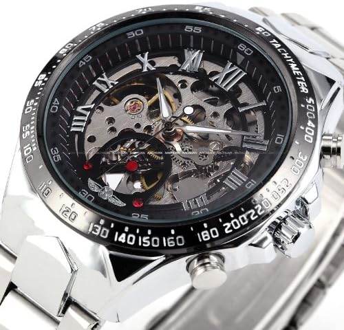 Details About Winner Men Black Skeleton Automatic Mechanical Silver Stainless Steel Band Watch