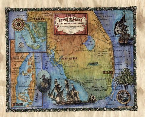 087-New Map of South Florida Custom Designed By Lisa Middleton, Antique Map Print