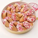 DOSE OF GOOD FORTUNES: A Dozen White Chocolate Hand-Dipped Fortune Cookies Decorated for Valentine's Day & Nestled in a Gold Container