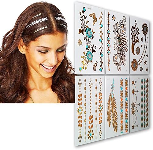 #1 Hair Tattoos - Temporary Tattoos For Hair, 6 Premium Sheets - Gold, Silver, Color High Gloss Effect Hair Tattoo