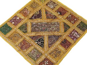 Yellow Decorative Euro Pillow Kundan Decorative Sari Patchwork Square Cushion