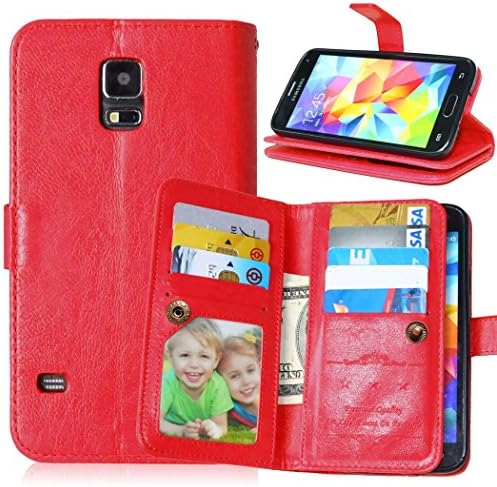 S5 Wallet Case Cover - Unibeauty Samsung Galaxy S5 Case Bumper Well-Made PU Leather Magnetic Strap Built-in Card Slots &amp; Cash Pockets &amp; a Windowed Pocket Flip Stand with Free Gifts, Red