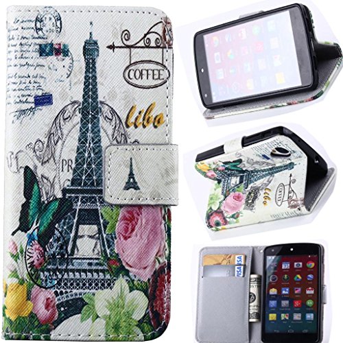 Nexus 5 Case, [Stand Feature] Apple Nexus 5 Case Wallet [Wallet S] Slim Wallet Card Slots Case with STAND Flip Cover for LG Google Nexus 5 Smart Phone(2014 Latest styles) - [Eiffel Tower Red Flowers Building][Package includes: 1 X Screen Protector an