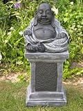 Steinfigur Buddha mit Säule Steinguss Schiefergrau