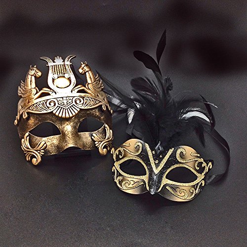 Black Feather Gold Face Women Mask Gold Roman Warrior Men Mask
