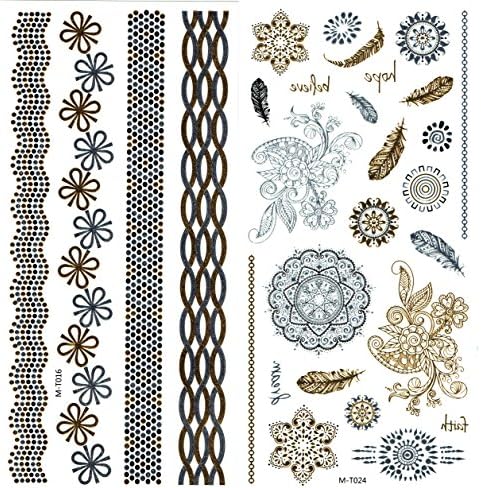 Metallic Gold and Silver Temporary Tattoo Jewelry Beautiful Bling, 4 sheets (each 4" by 8") necklace, bracelets, butterflies, feathers, stars, flowers and more