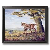 Elephants And Cheetah African Wildlife Wall Picture Black Framed Art Print
