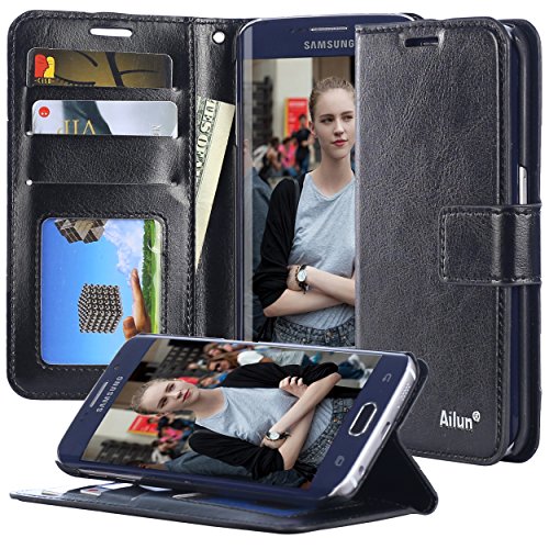 Galaxy S6 edge Case,by Ailun,Premium PU Leather& PC Back,Impact Resistant&Scratch-proof Wallet,Self-Stand for Video Watching,Card Holder,Magnetic Flip Cover[Black]