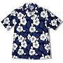 White Hibiscus Fern Mens Hawaiian Aloha Shirt in Blue.